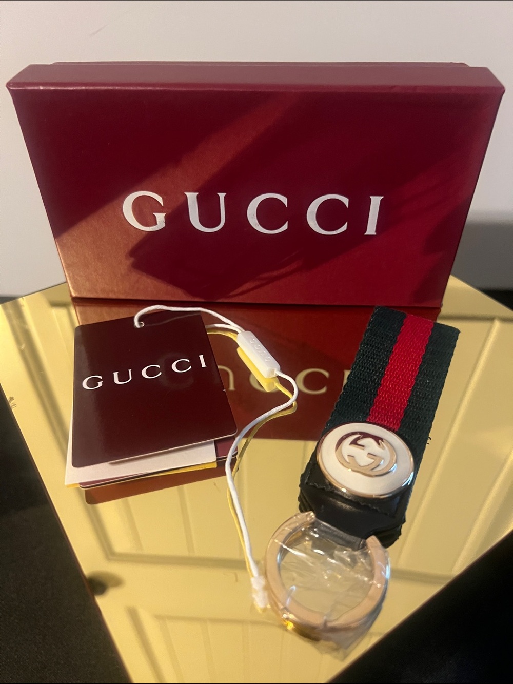 Gucci Green and Red Web Stripe Key Chain with Gold GG Medallion
